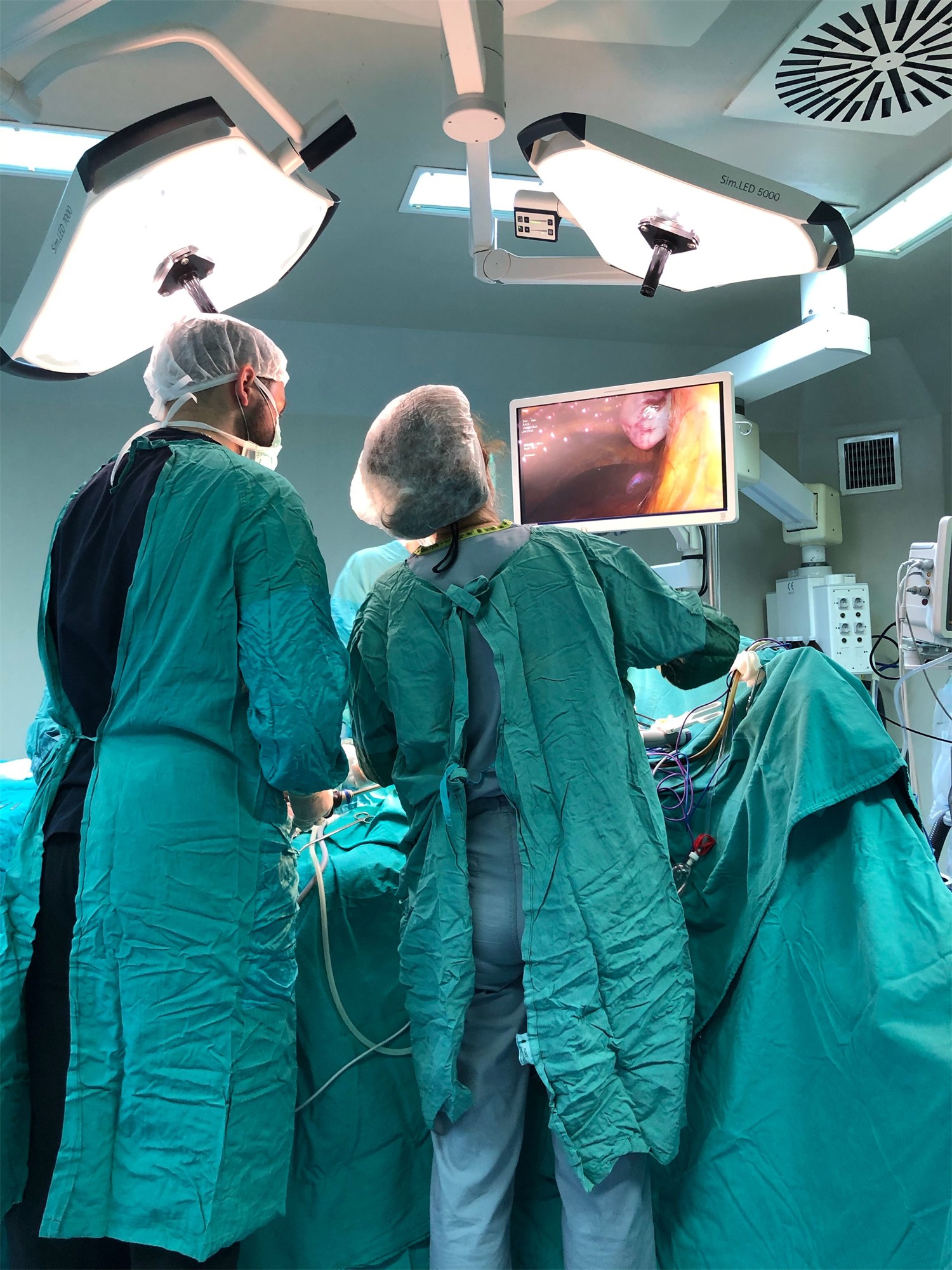 Two surgeons viewing an endoscopic video feed on an operating room monitor